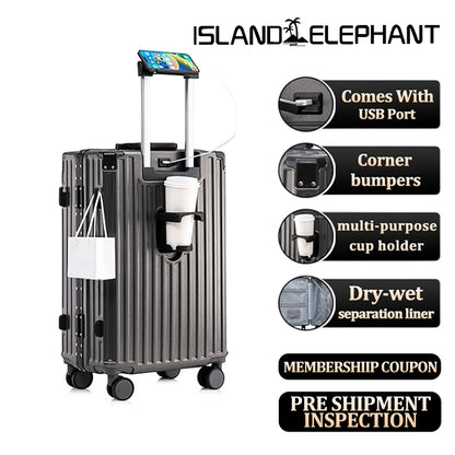 ISLAND ELEPHANT CAREFREE MAX Aluminum Frame Luggage Travel Bag Suitcase With Cup Holder USB Maleta